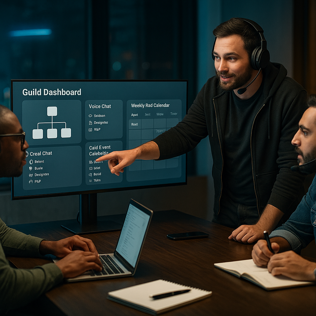 Photographic scene of a diverse group of gamers led by a team leader pointing